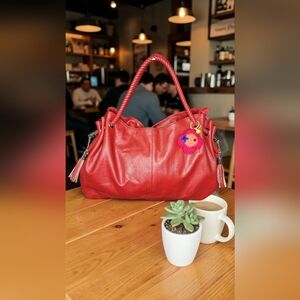 Oversized Red Leather Hobo Handbag With Braided Handles & Crochet Flower Charm